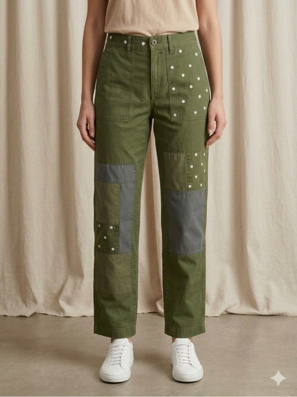 J.Crew Embroidered Boyfriend Chino Patches Daisy Pants Olive Green Women's Sz 4